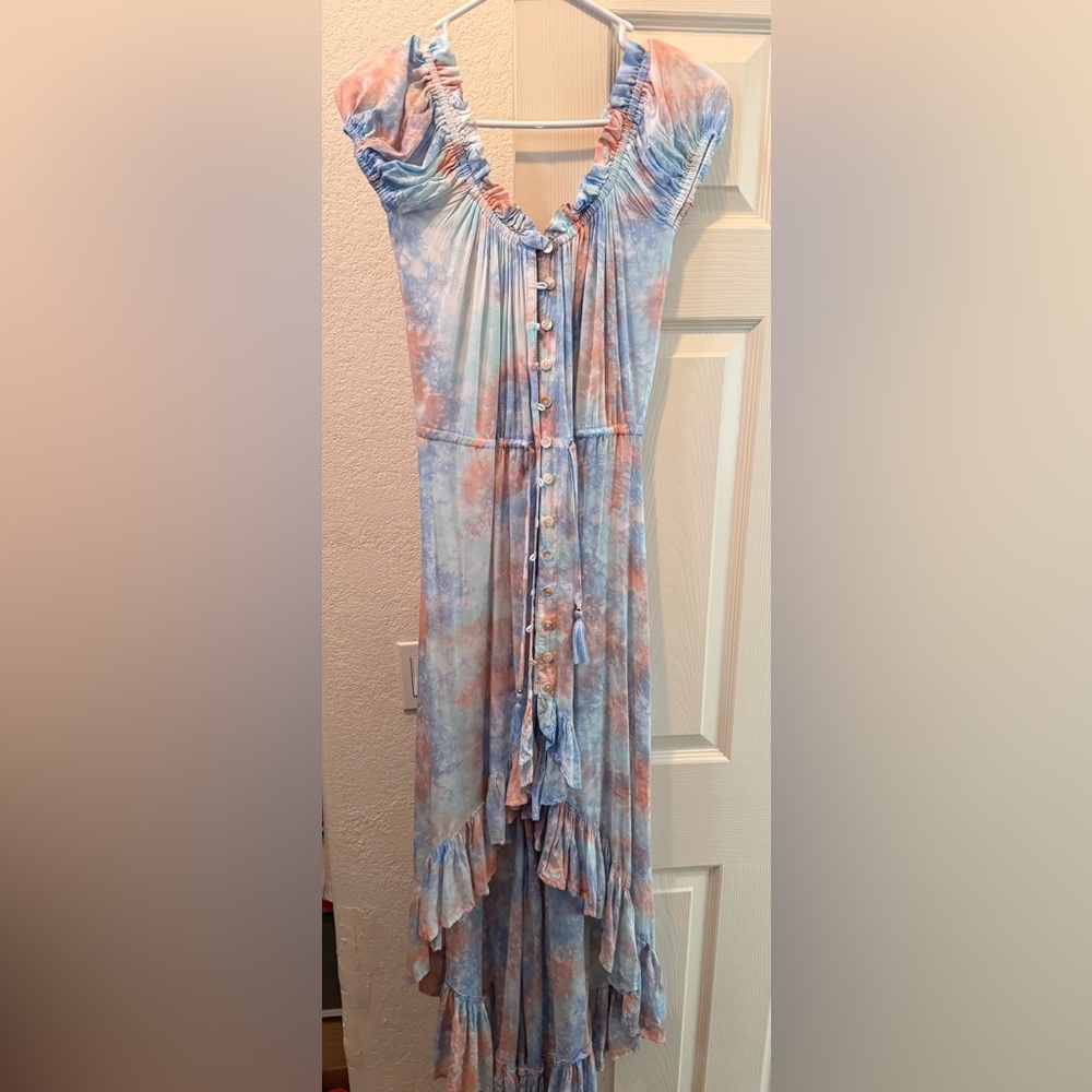 Tiare Hawaii Blue and Pink Ruffled Smocked Sundress